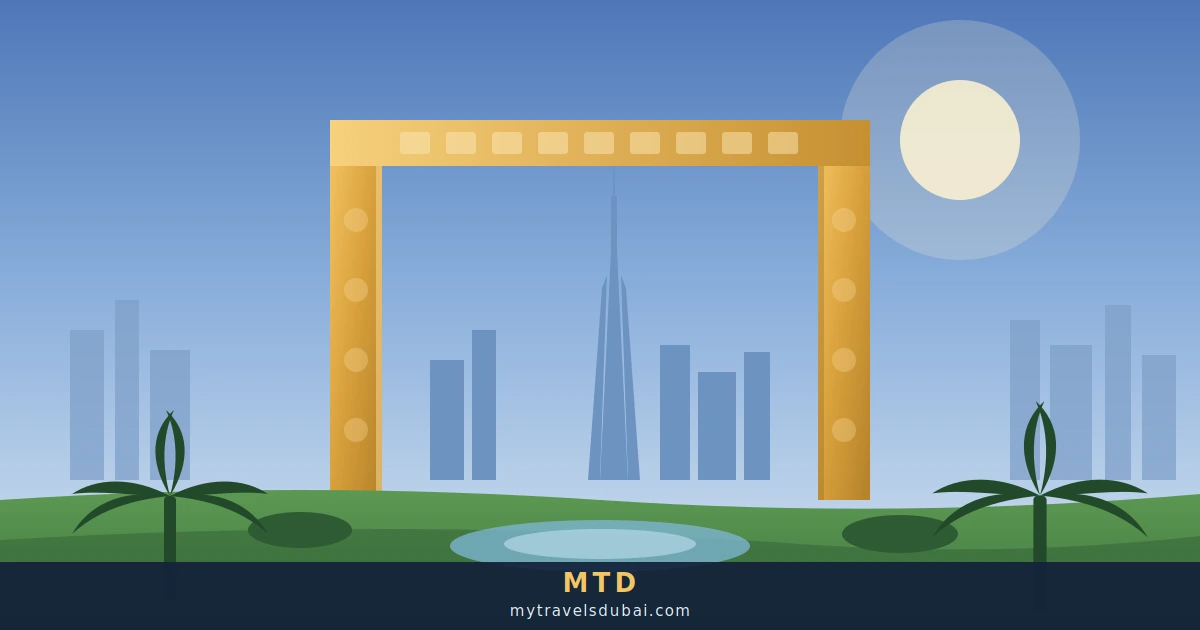 The golden Dubai Frame in Zabeel Park with the Downtown Dubai skyline framed in its opening