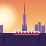Dubai Metro Red Line train with the Burj Khalifa and Downtown Dubai skyline in the background