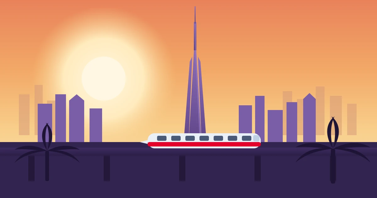 Dubai Metro Red Line train with the Burj Khalifa and Downtown Dubai skyline in the background
