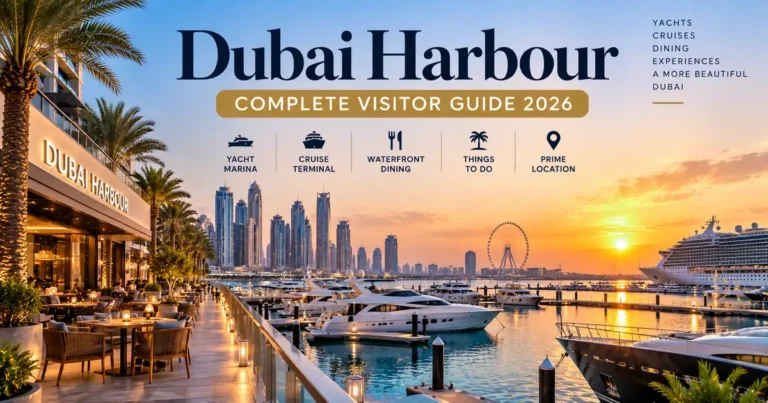 Dubai Harbour marina, yachts and waterfront skyline in Dubai
