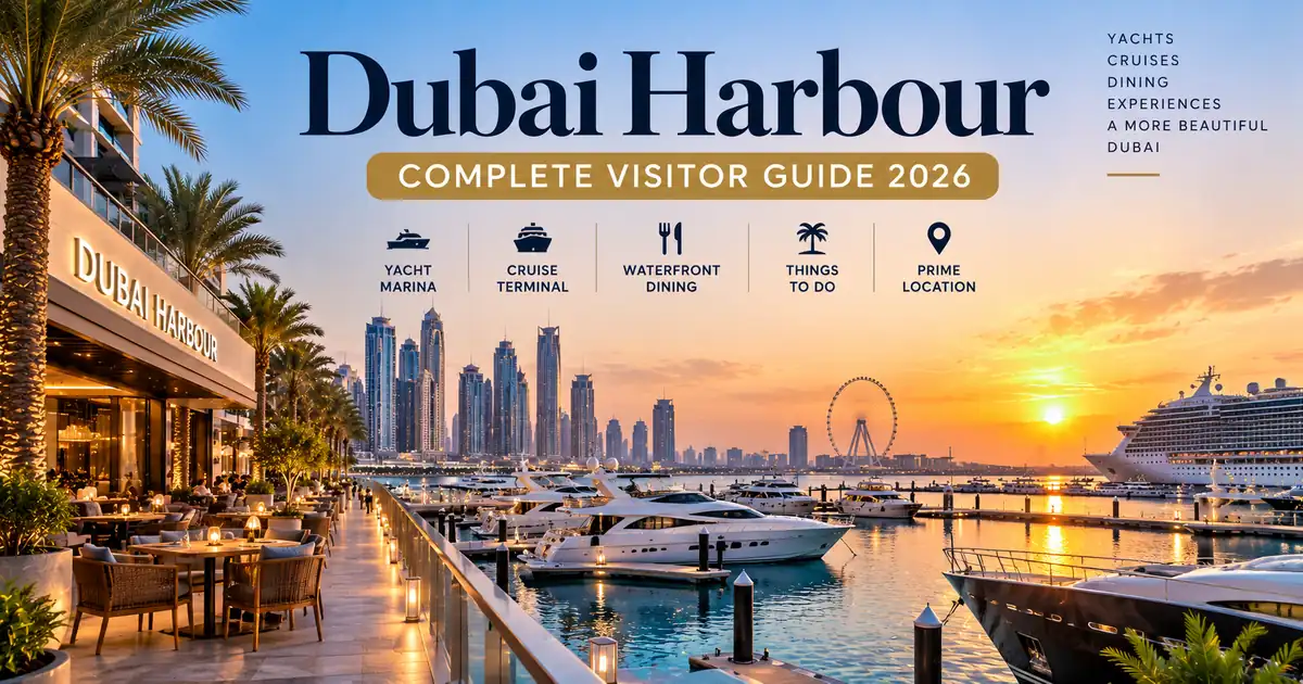 Dubai Harbour marina, yachts and waterfront skyline in Dubai